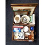 Two boxes containing miscellaneous to include antique pottery wash jug and transfer printed planter,