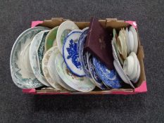 A box containing antique and later meat plates, dinner plates, collector's plates etc.