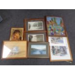 A box of assorted pictures to include a 20th century oak framed tapestry of a cottage,
