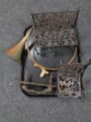 A tray of metal wares - cast metal miniature bench and rocking chair, door knocker,