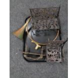 A tray of metal wares - cast metal miniature bench and rocking chair, door knocker,