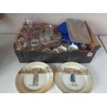 A box containing vintage kitchen scales, assorted drinking glasses,