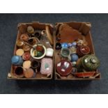 Two boxes containing 20th century pottery storage jars, Rumtopf West German vase,