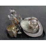 A tray containing plated wares to include coffee pots, tankard, serving trays etc.