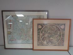 A framed coloured Saxton's map of England and Wales 1579 (glass damaged) together with one other