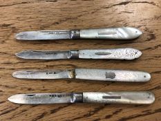 Four antique silver and mother of pearl handled fruit knives.