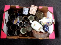 A box of Maling Pepper and Sage pots, Ringtons Maling teapots, pottery mugs,