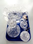 A tray containing assorted glassware to include ship's decanter, comport,