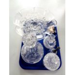 A tray containing assorted glassware to include ship's decanter, comport,