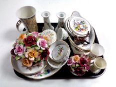 A tray containing a quantity of assorted china to include china flower posies, Aynsley plate,