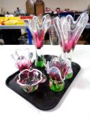 A tray of five 20th century Bohemian glass vase/bowl set,