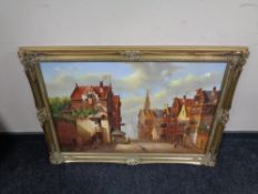 A gilt framed oil on canvas, a 19th century street scene by Lorance.