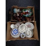 Two boxes of pottery and china to include antique dinner ware, Coalport Hong Kong twin handled dish,