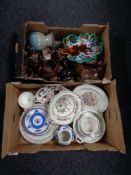Two boxes of pottery and china to include antique dinner ware, Coalport Hong Kong twin handled dish,
