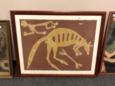 A continental print on card depicting a kangaroo, 76 x 58 cm, framed.