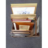 A box containing a quantity of assorted pictures and prints to include framed needlework's,