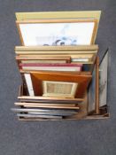 A box containing a quantity of assorted pictures and prints to include framed needlework's,