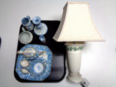 A tray of five pieces of Wedgwood embossed china - table lamp,