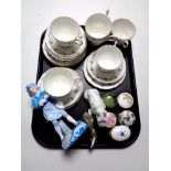 A tray of six Argyle bone china trios, china trinket boxes,