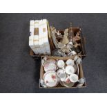 Two boxes containing miscellaneous tea china, eight Sutherland bone china train plates, figurines,