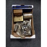 A box of cased and uncased cutlery, plated cruet set, plated tray,