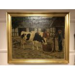 Continental school : Cattle by a water pump, oil on canvas, 69 x 56 cm, indistinctly signed,