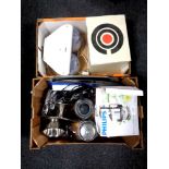 Two boxes of stainless steel kitchen ware, boxed Le Cruset fondue set,