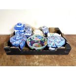 A box containing china to include Ringtons tea caddies, Maling lustre bowl,