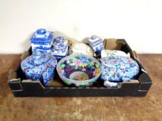 A box containing china to include Ringtons tea caddies, Maling lustre bowl,