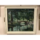 Otto Cli : A river with bridge beyond, oil on canvas, 40 x 34 cm, framed.