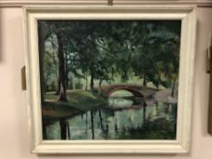 Otto Cli : A river with bridge beyond, oil on canvas, 40 x 34 cm, framed.