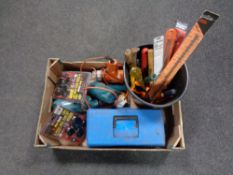 A box containing assorted power tools, tool box, hand tools etc.