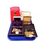 A tray containing a quantity of assorted costume jewellery and jewellery boxes to include Pompadour