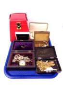 A tray containing a quantity of assorted costume jewellery and jewellery boxes to include Pompadour