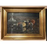 Continental school : Still life with pipes, oil on board, 37 x 25 cm, indistinctly signed, framed.