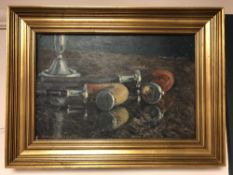 Continental school : Still life with pipes, oil on board, 37 x 25 cm, indistinctly signed, framed.