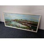 A 20th century oil on board depicting fishing boats in a harbour