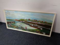 A 20th century oil on board depicting fishing boats in a harbour