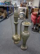 A large Eastern brass tea pot and vase, tea pot height is 93 cm.