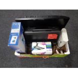 A box of miscellaneous electricals to include LVD TV, Matsui VCR, virtual reality headset,