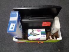 A box of miscellaneous electricals to include LVD TV, Matsui VCR, virtual reality headset,