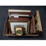 A box containing assorted pictures and prints to include an oil on canvas,