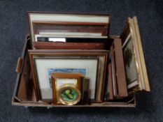 A box containing assorted pictures and prints to include an oil on canvas,