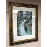 Continental school : Gondolas in a canal, colour chalk, 31 x 48 cm, framed.