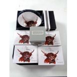 A tray of Meg Hawkin boxed bowls depicting Highland Cattle (6) and a boxed bone china mug