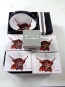 A tray of Meg Hawkin boxed bowls depicting Highland Cattle (6) and a boxed bone china mug