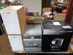 A Sony Micro Hi-Fi system together with a boxed Cookworks espresso maker.