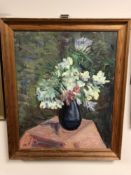 Continental school : Still life with flowers in a vase, oil on canvas, 38 x 47 cm, framed.