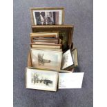 A box of assorted pictures and prints - horse racing, framed sampler,