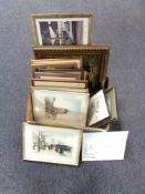 A box of assorted pictures and prints - horse racing, framed sampler,